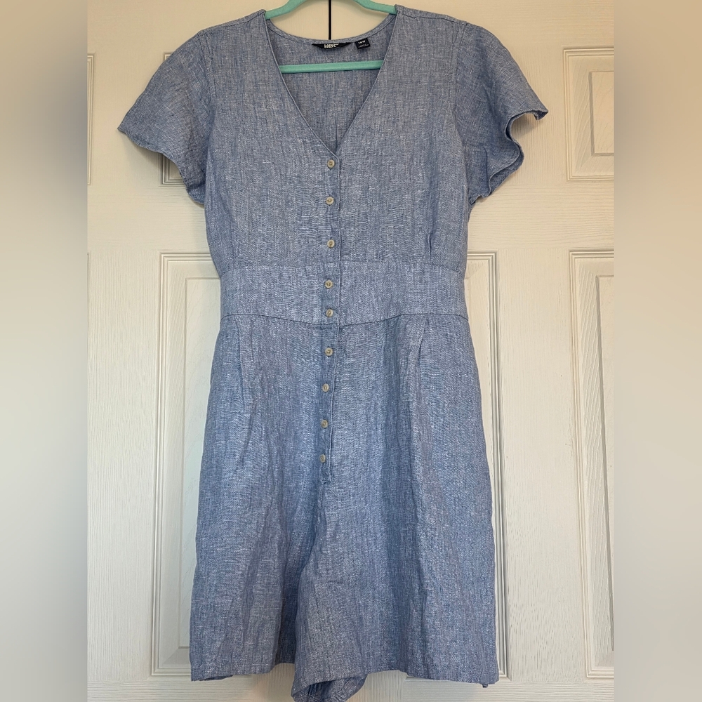 Lands End 100% Linen Flutter Sleeve Blue Button-Down Women's Romper, Size 18